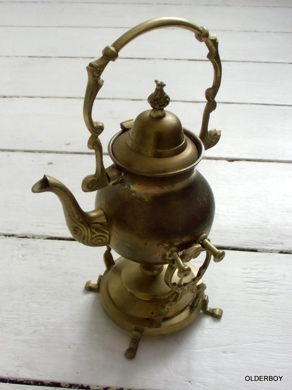 Vtg Brass Teapot with warmer stand brass Kettle vith by OlderBoy
