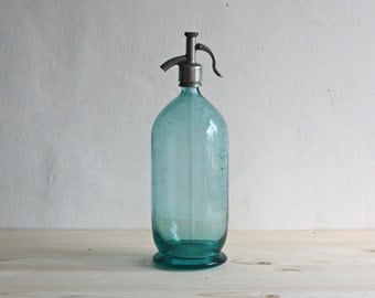Vintage Seltzer Bottle - Glass Soda Siphon - Glass Barware - Turquoise Blue Glass Water Bottle - Soviet Soda Syphon