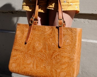 Charlotte Leather Tote, Embossed Leather Bag, Tan leather tote, Tan Leather Purse