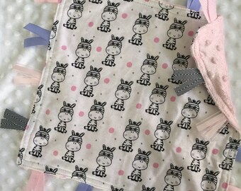 Personalized Tag Blanket Sensory Ribbon Blanket Lovey- Cute Little Zebras and Minky Dot