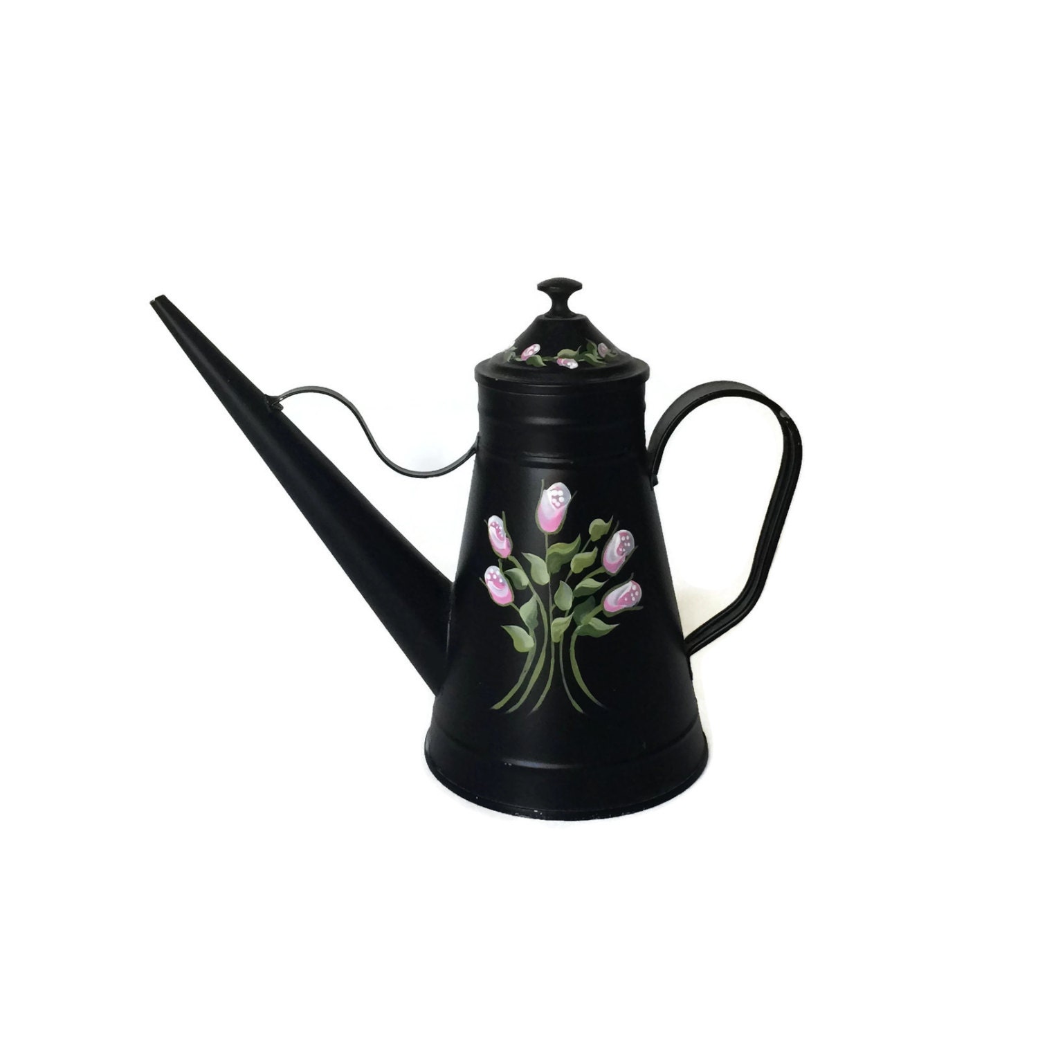 Tin Watering Can with Lid Hand Painted Tole Folk Art