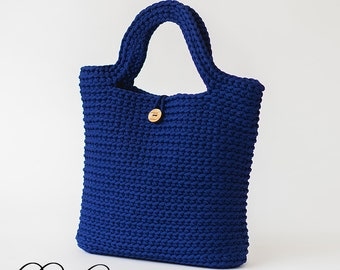 Crochet Blue Canvas Tote Bag, Crochet Shopping Bag, Shoppers Bag, Casual Canvas Bag, Book Bag, Beach Bag, Crochet Market Bag, Shoulder Bag