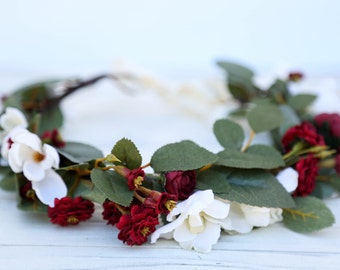 Fall burgundy flower crown, Flower headband, headband, wedding flower crown, bridal flower crown, bohemian flower crown, floral crown