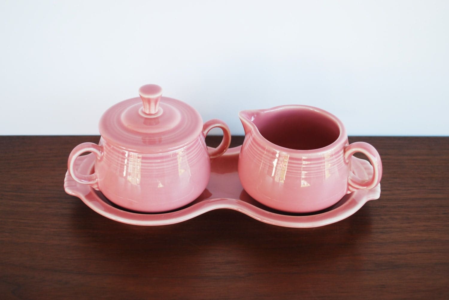 Vintage Fiestaware Creamer and Sugar Bowl with Tray / Rose Pink