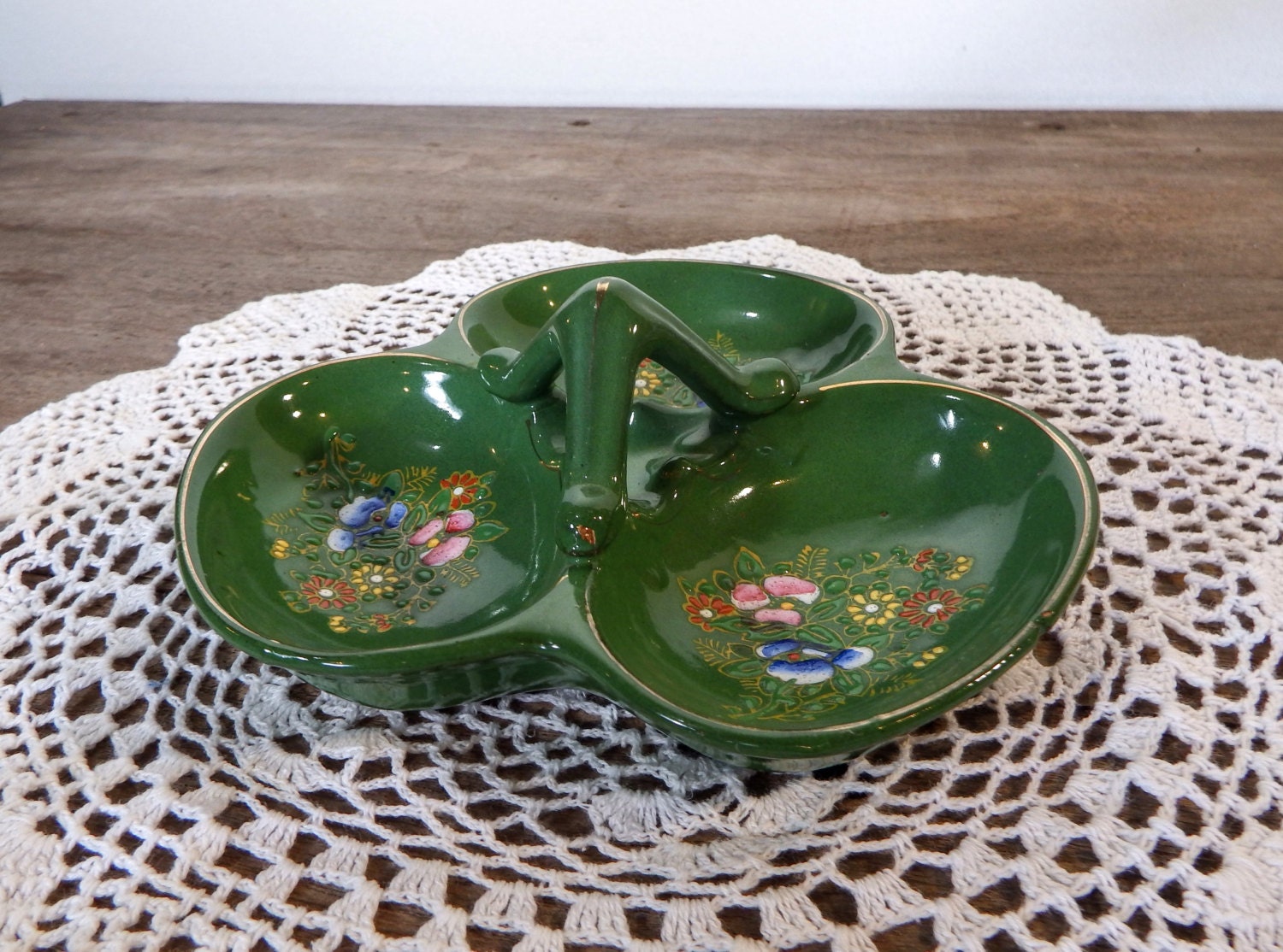 Vintage 40s Japanese Serving Dish Green 3 Part Relish Tray