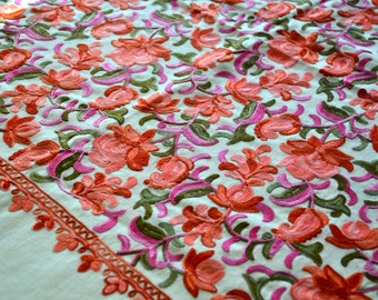 Hand Embroidered Woollen Shawl - Cream Floral