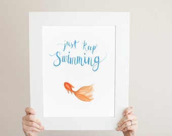 Just Keep Swimming Modern Calligraphy Goldfish Watercolor Painting - Ready to Hang! - Nursery Decor Home Decor