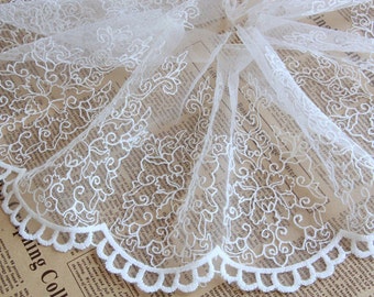 Lacetrim,whiteTulle Embroidered Lace Trim,hard tulle lace trim, retro Embroidered Lace Trim,wedding Veil Lace trim,1 yard - LT1071