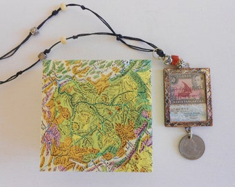 Memory necklace travel keepsake foreign coin map postal stamp Kenya Uganda Africa St Thomas Cayman bone coral bead frame necklace