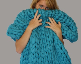 Chunky Knit blanket, Handmade Gifts, Wool blanket, Knitted blanket, Chunky blanket, Knit Throw, super bulky blanket, Bulky Gift, Turquoise