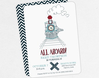 Train Birthday Invitation, Birthday Invitation PDF, Printable Birthday Invitation, Printed, Red, Navy, Railroad, Steam Train, All Aboard