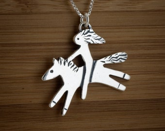 STERLING SILVER Pony Horse and Rider Wild and Free Pendant My ORIGINAL - Chain Optional