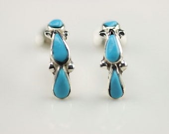 Native American Jewelry Handmade Sterling Silver Turquoise Hoop Post Earrings
