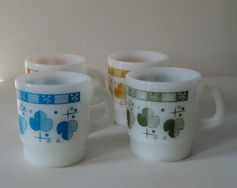 Set of four Fire-King mugs / Colourful Anchor Hocking mugs / Four Fire King Mugs