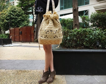 FREE SHIPPING WORLDWIDE,Paper Yarn Crochet backpack,Handknit Backpack,Drawstring Backpack,Drawstring Bucket Bag