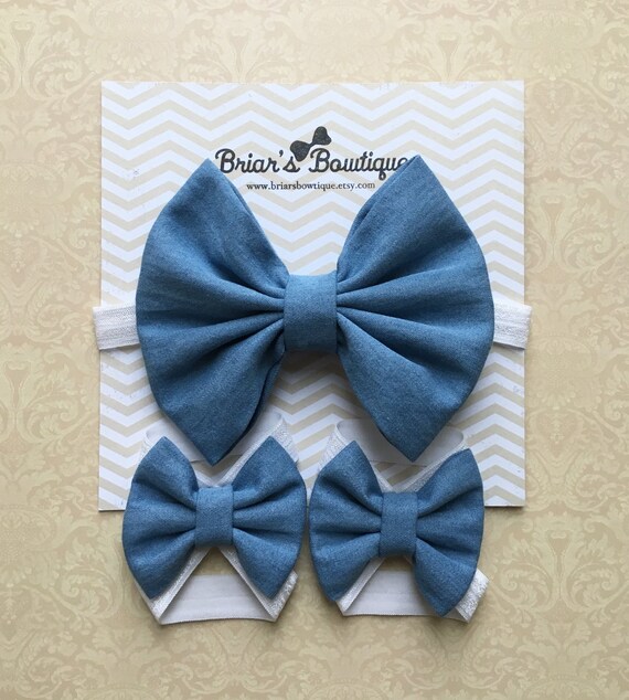  Denim bow headband and barefoot sandal set light blue denim 