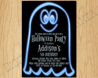 Halloween Invitation Halloween Party Invite Costume Party Kids Birthday Party Boy Birthday Neon Blue Ghost K0011
