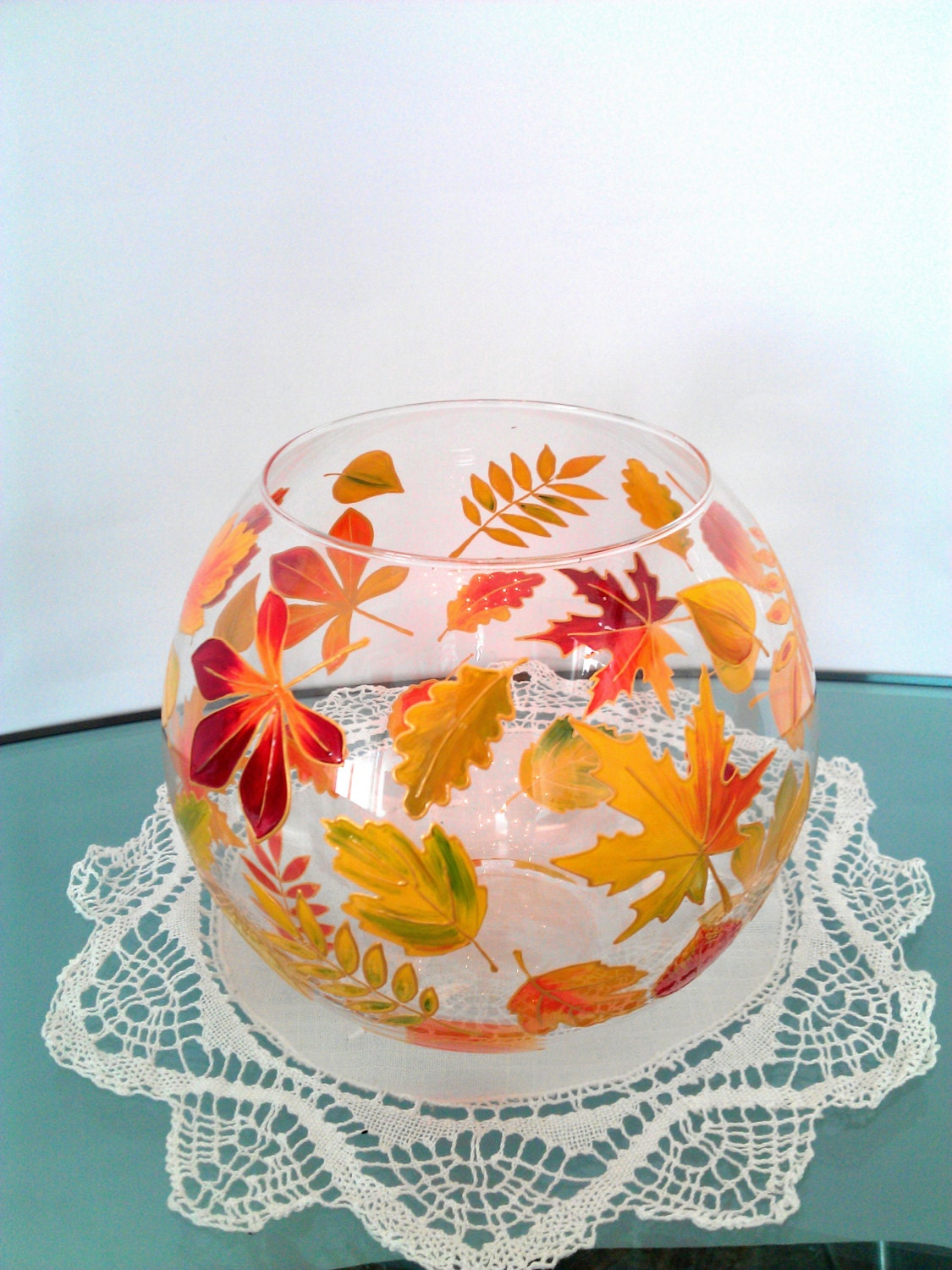 Fall Glass vase Hand painted Round vase Autumn leaves decor