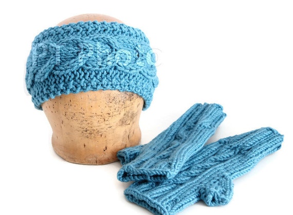 Knitted Headband ,mitts and neck warmer set,Headband Ear Warmer Cabled Headband Head wrap in blue