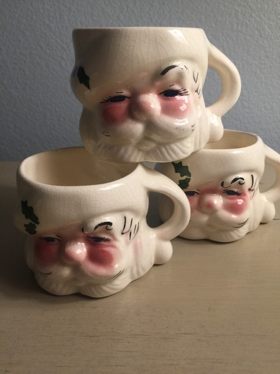 Items similar to Vintage Santa Mugs kitchy 1950's hand painted on Etsy