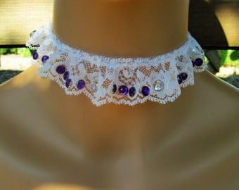 White,Purple,Wedding,Wedding Choker,Renaissance,Renaissance Choker,Gothic,Gothic Choker,Victorian,Victorian Choker,Choker,Lace,Rhinestones