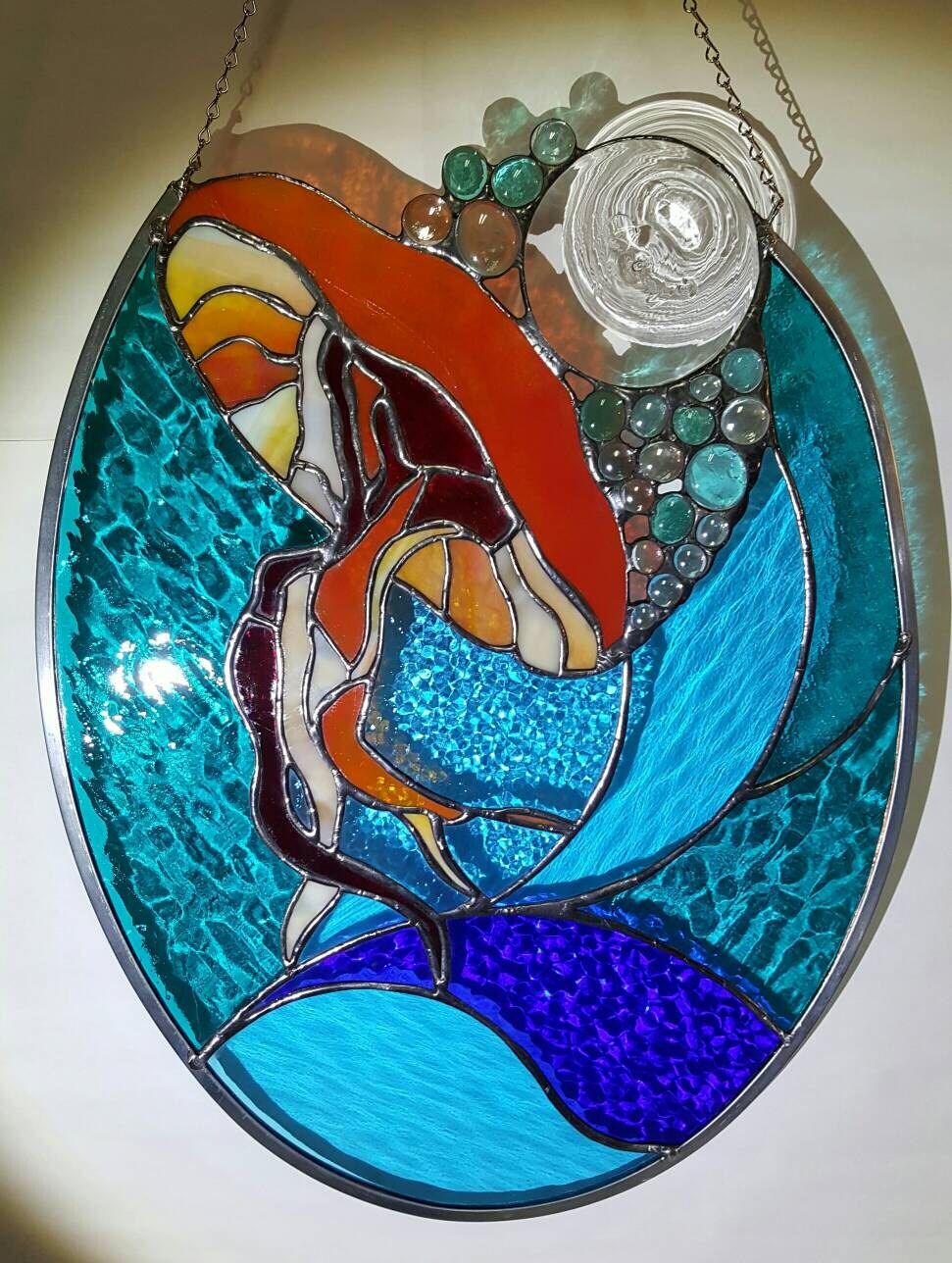 18x15 Stained Glass Orange Jellyfish and Water Panel in