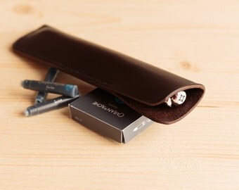 Leather Pen Case. Fountain Pen Case In Hand Stitched Dark Brown Leather.