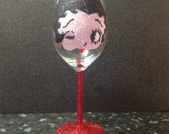 Large white wine glass featuring betty boop decorated with glitter