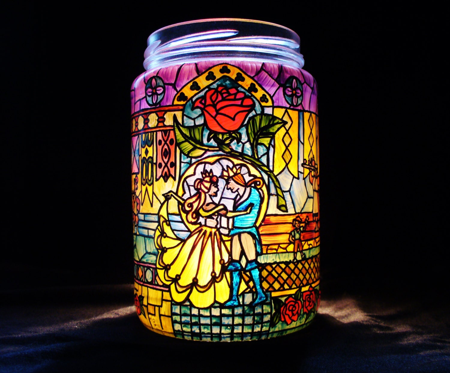 stained glass design on glass jar