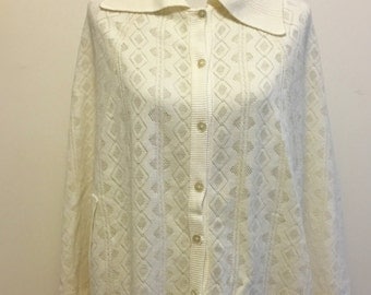 Women's Vintage 1950's-1960's White-Cream Button Up Cape/Sweater With Collar