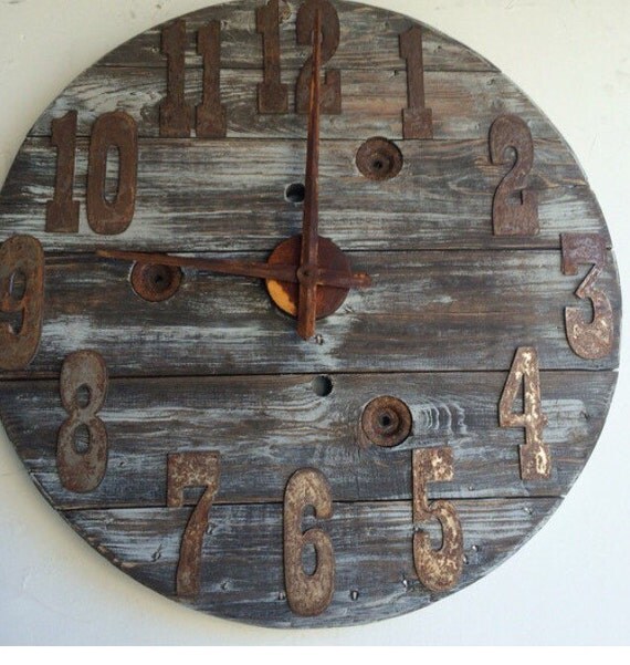 Wood spool clock reclaimed wood clock large 31 inch wood