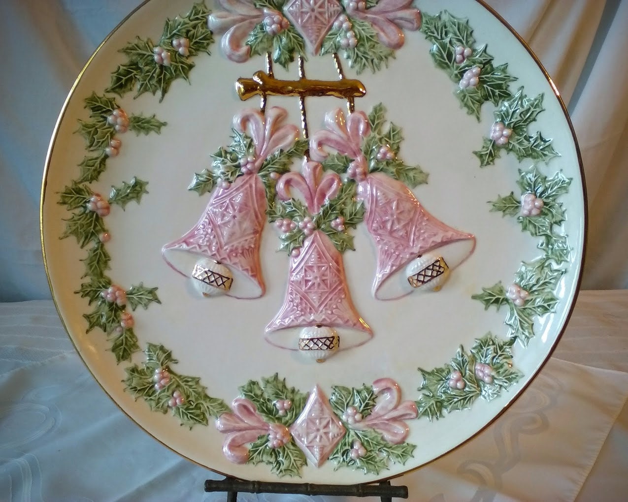 Holiday china platter with three pink bells raised design