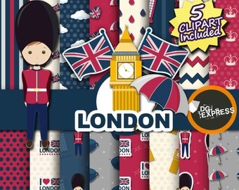 SALE London Digital Paper + Clipart : "London Paper"- England London Clipart, London Birthday Invitation, London Printable, Big Ben