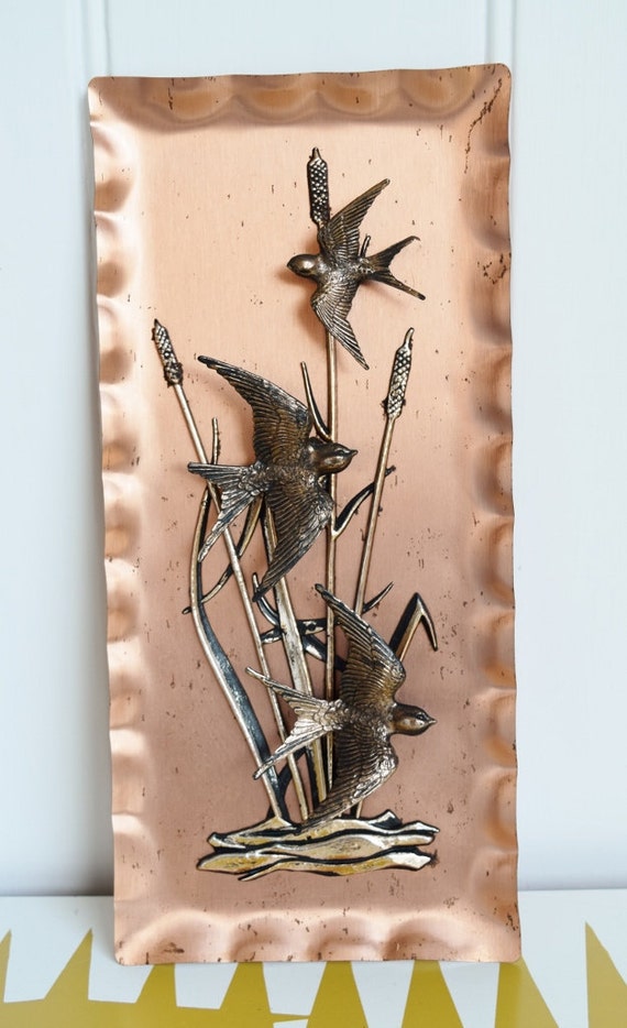 Vintage metal wall Art 3D Picture Birds Kitsch Mid