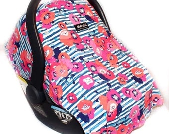 Car Seat Cover for Infant Car Seat Fits all Infant Car Seats- Pocket Full of Poppies (Navy Stripes with Poppy Flower Pattern)