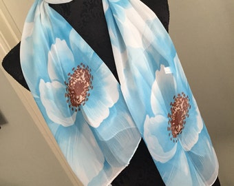 Scarf shawl wrap sarong cover up Fichu with blue turquoise flowers white black multi birthday wedding party