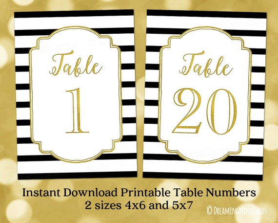 printable table number cards 1 to 20 gold black and white