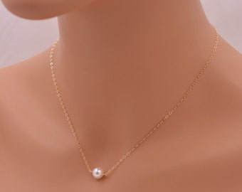 Gold Pearl Necklace, Floating Pearl Necklace in Gold, Pearl Gold Necklace, Gold Minimalist Necklace - Real Gold Filled - Gift for Her