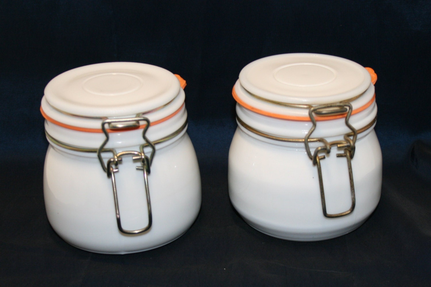 PAIR of vintage milk glass canisters gasket & clamp style