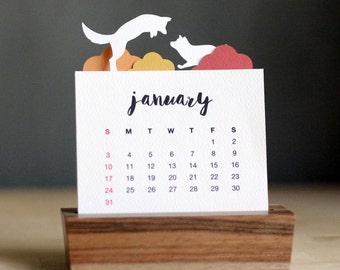 2017 Minimalist Paper Cut Desk Calendar with Solid Wood Stand - Playful Fox