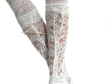 XX Long White lace up fingerless gloves lace cuffs arm warmers