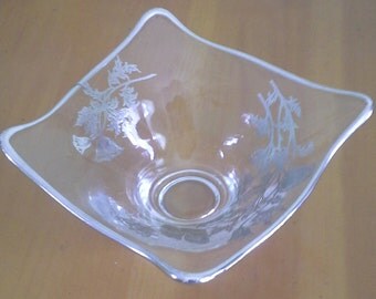 Glass dish with silver floral etching