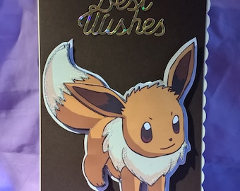 Evee Pokémon birthday card with glitter and gold lettering,a name age or family member can be added if requested when you buy the card