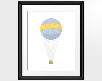 Blue and Yellow Hot Air Balloon with fine lines illustration, Printable Art, INSTANT DOWNLOAD