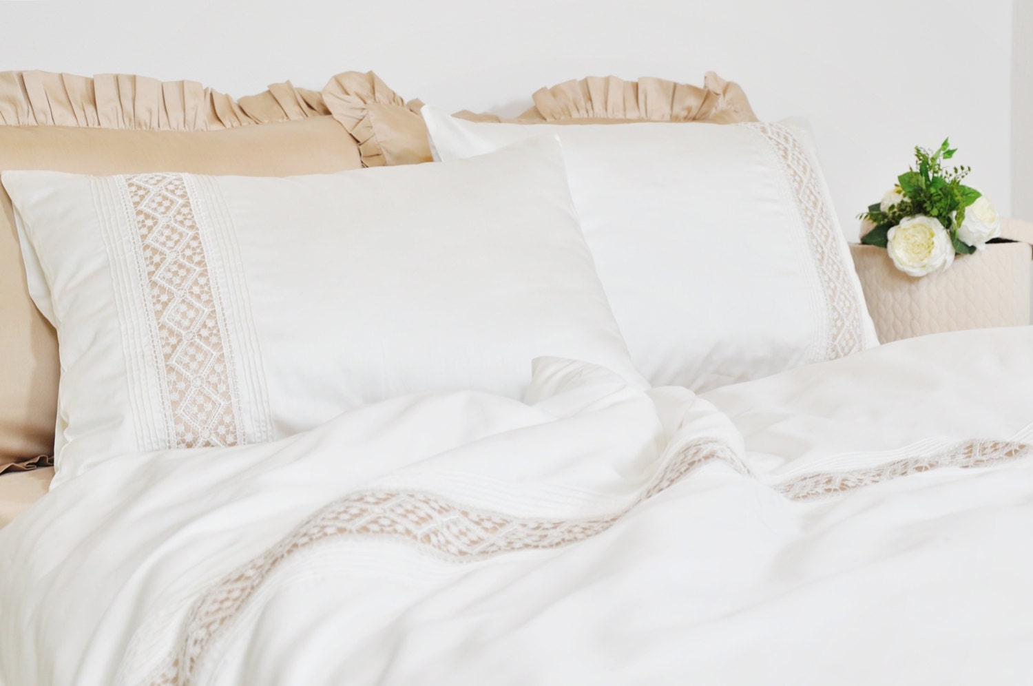 Ivory Lace Ribbed Pillowcases Ivory Cream Beige Pure Cotton