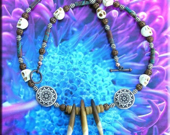 Unique Skull & Coyote, Tibatian Wolf Real Canine Teeth Necklace