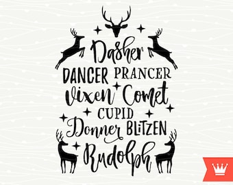 Reindeer Names Christmas SVG Decal Cutting File Merry Christmas Reindeer Transfer for Cricut Explore, Silhouette Cameo, Cutting Machines
