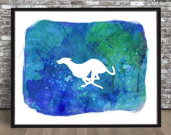 Running Greyhound watercolor PRINT white silhouette painting Dog Gray Hound Print watercolour Grayhound blue green nursery children child
