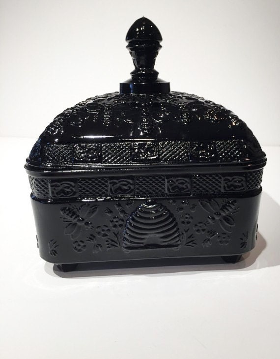 Tiara Glass Black Honey Bee Candy Dish Honey Box Candy Bowl