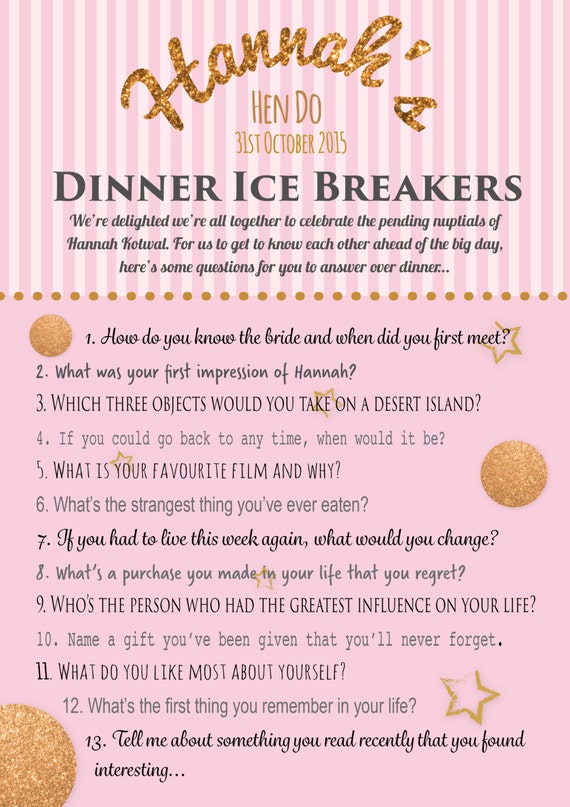 Personalised hen party game Ice breaker questions game